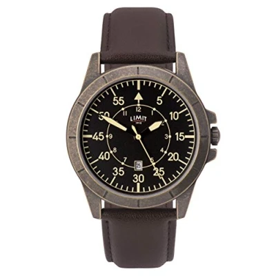 Image of Limit Men&#039;s Pilot Inspired Date Watch with Antique Finish and Brown Strap.