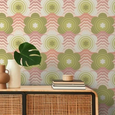 Image of A.S. Création Retro 70&#039;s Floral Wave Wallpaper Pink/Green/Cream Chic 395391 8.50m x 0.53m Paste The Wall