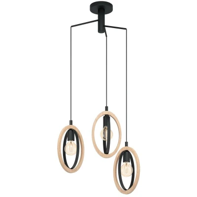 Image of Eglo Pendant lamp Basildon, 3 Light Hanging Vintage, Industrial, Retro, Made of Steel and Wood in Black, Natural, Dining Table lamp, Living Room with E27 Socket, Ø 61.5 cm