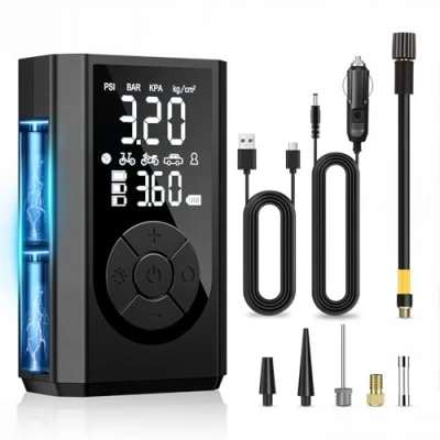 Image of Vexloria Cordless Tyre Inflator Portable Air Compressor, Electric Bike Pump 150 PSI, with Digital Display, LED Light, Rechargeable for Car, Bicycle Pump, Motorbike, Ball