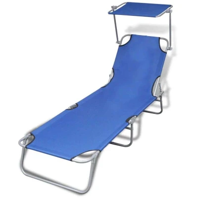 Image of vidaXL Folding Sun Lounger with Canopy Steel and Fabric Blue