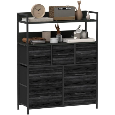 Image of HOMCOM Bedroom Chest of Drawers, Fabric Dresser with 7 Storage Organiser Unit Open Shelves and Metal Frame for Living Room, Entryway, Black