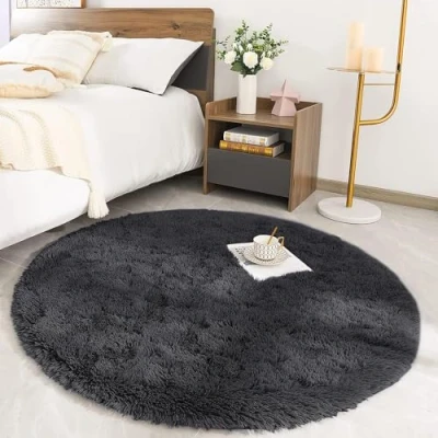 Image of MOONLIGHT20015 Round Rugs Living Room Black Area for Bedroom 120x120 cm Anti Slip Modern Super Soft Thick Pile Fluffy Shaggy Rug Plush Carpet Non Shedding Easy to Clean
