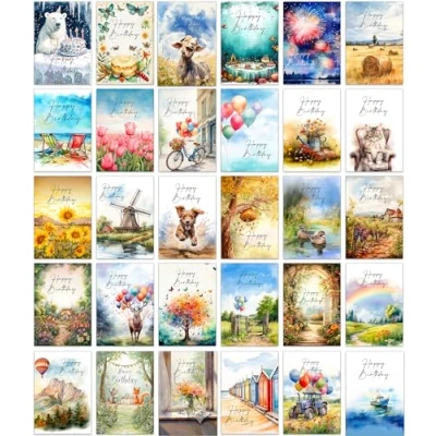 Image of 30 Different Bright and Fun Assorted Birthday Cards with Envelopes (Mixed Ages)