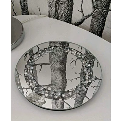 Image of Biznest Round Diamante Mirrored Crystal Candle Plate Holder Loose Jewel An Elegant Addition To Your Home 25Cm