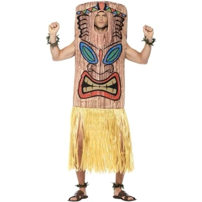 Image of Smiffys Tiki Totem Costume, Brown with Tabard, Attached Skirt, Wrist &amp; Ankle Cuffs, Hawaiian Luau Fancy Dress, Dress Up Costumes