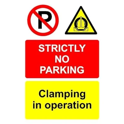 Image of Strictly customer parking only clamping in operation portrait information sign Self adhesive sticker (300mm x 200mm)