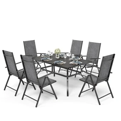 Image of PHIVILLA 6+1 Garden Table and Chairs Set of 6 Patio Seating Folding Chair 6X Adjustable with 7 Positions Metal Dinning Furniture Sets Weather resistant (Gray)