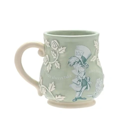 Image of Disney Alice in Wonderland Ceramic Green Embossed Mug Mad Hatter &#039;You Can Always Take More Than Nothing&#039; Decor &amp; Homeware for Kitchen, Garden Party Serving Dining H: 10cm x W: 12cm D: 9cm.