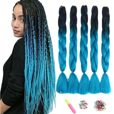 Image of ShowJarlly 5 Packs Ombre Jumbo Braid Hair, Black/Navy Blue Kanekalon Hair African Extension, 24inch Box Extensions Synthetic Colorful for Braiding