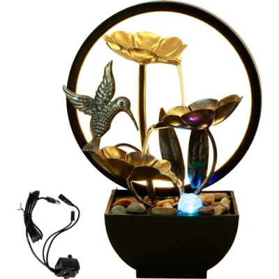 Image of Indoor Tabletop Water Fountain with Natural Rocks and LED Ring Lights, USB Powered Resin MeditationTabletop Zen Relaxation Humidifier for Home Office Bedroom