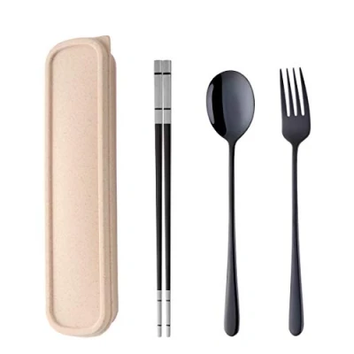 Image of SBOMHS 18/10 Stainless Steel Travel Cutlery with Case Set Portable Chopsticks Spoon Fork Black Colored for School Home Office Camping Outdoor