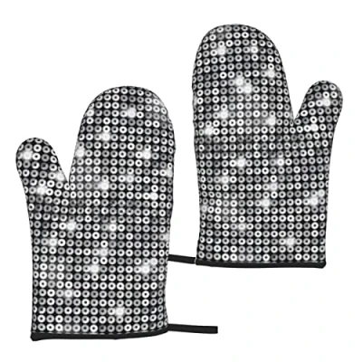 Image of Heat Resistant Oven Gloves Sets Of 2 Silver Sequin Sparkle Pattern Printed Kitchen Non Slip Microwave Mitts 1 Pair For Baking Cooking Bbq
