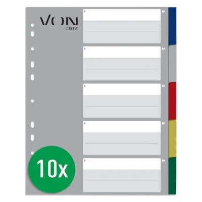Image of von Leitz 12 Piece Index A4 Blank Dividers for Folders, PP, Leitz, Extra Wide, 11 Hole Universal File Folders and Ring Binders, Multicoloured, 12280000 Pack
