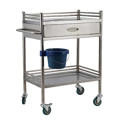 Image of 2 Tier Lab Medical Cart with Drawer Stainless Steel Rolling Equipment Trolley For Hospital Clinics Max Load 100kg