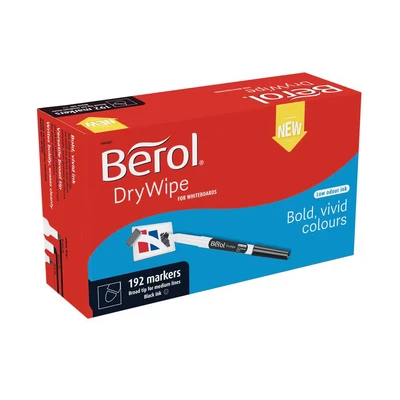 Image of Berol Dry Wipe Whiteboard Marker Pens Broad Tip Black Low Odour Ink 192 Erase Markers