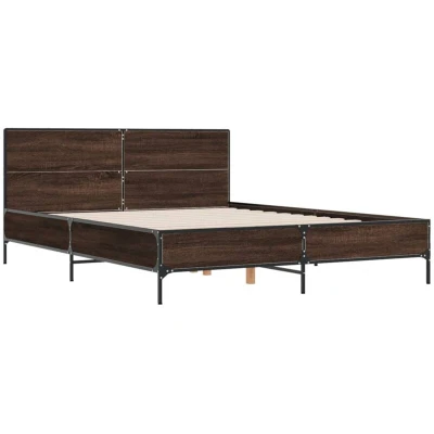 Image of vidaXL Brown Oak Bed Frame 160x200 cm Engineered Wood/Metal with Plywood Slats, Modern Design for Bedroom Comfort