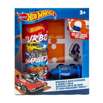 Image of Hot Wheels Children&#039;s Bath Stickers &amp; Bubble Set Includes Toy Car, 300ml and Racing Track (Reusable)