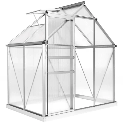 Image of Outsunny Polycarbonate Walk in Garden Greenhouse w/Sliding Door Silver Tone