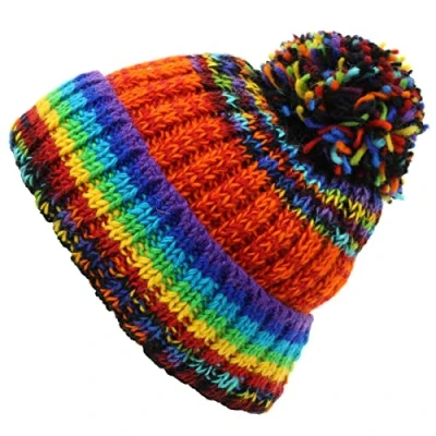 Image of LOUDelephant Hand Knitted Wool Beanie Bobble Hat SD Black Rainbow Orange