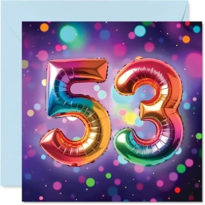 Image of 53rd Birthday Cards for Women Men Rainbow Foil Balloon Happy Card 53 Year Old Woman Man Daughter Sister Brother Friend, 145mm Bday Greeting