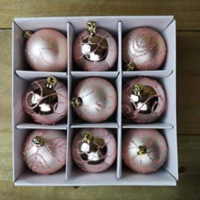Image of Pack Of 9 5cm Rose Gold Christmas Tree Baubles Glitter Swirl Design Decorations