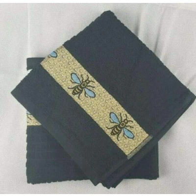 Image of Sue Rossi Ltd 100% Cotton Tea Towels Embroidered Animal Cooks Cloth Luxury 3 Pack Kitchen Towel Set (Black Worker Bee)