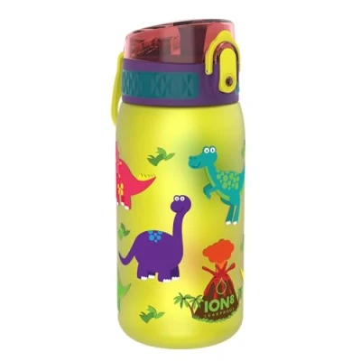 Image of Ion8 Kids Water Bottle, 350 ml/12 oz, Leak Proof, Easy to Open, Secure Lock, Dishwasher Safe, BPA Free, Carry Handle, Hygienic Flip Cover, Clean, Odour Carbon Neutral, Dinosaur Design