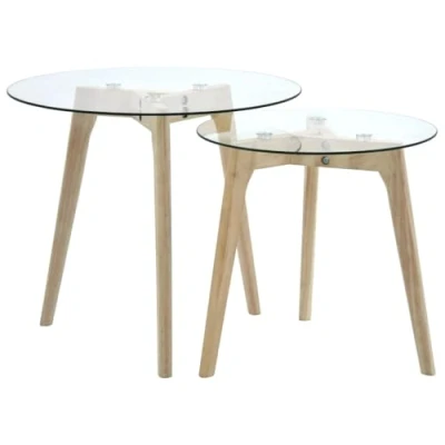 Image of vidaXL 2 Piece Side Table Set with Tempered Glass Top Elegant Nordic Scandinavian Design Coffee/Reading for Home Office/Living Room Solid Oak Wood Legs, Transparent and Brown Finish