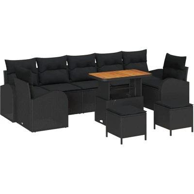 Image of vidaXL 10 Piece Garden Sofa Set with Cushions Black Poly Rattan Acacia