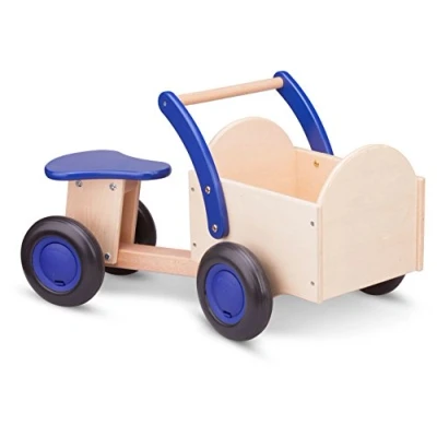 Image of New Classic Toys 11403 Baby Wooden Ride On Trike Toy, Toddlers First Tricycle for One Year Old, Children Scooter Age 18 Months with 4 Wheels Blue Color, Carrier Bike Naturel