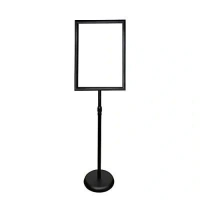 Image of &#039;Display Genie Freestanding Menu Stand Adjustable Height Round Base Floor Standing Landscape &amp; Portrait View Perfect for Displaying Menus (Black) (A4)