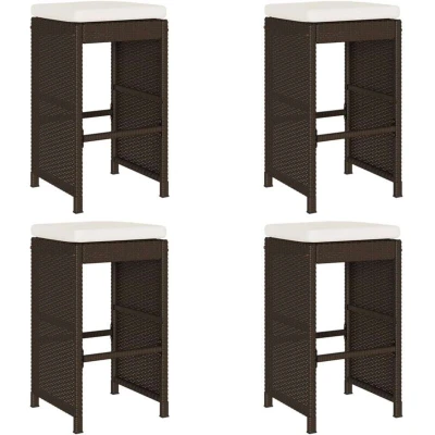 Image of vidaXL Garden Bar Stools with Cushions 4 pcs Brown Poly Rattan