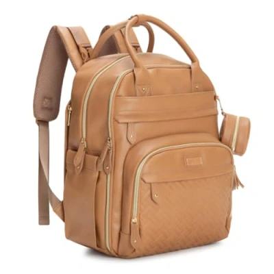 Image of BabbleRoo Leather Diaper Bag Backpack Baby Essentials Travel Bag, Multi function, Waterproof, with Changing Pad, Stroller Straps &amp; Pacifier Case Unisex, Light Brown