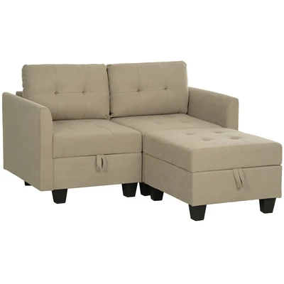 Image of HOMCOM Convertible Modular Sectional Sofa with Storage, Tufted 2 Seater Set, L Shaped Couch Ottoman, Wood Frame for Living Room, Light Brown
