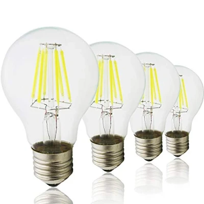Image of E27 A60 Edison Screw LED Filament Bulb 6W, Standard Globe Glass Lamp Bulb, 60W Equivalent, Cool White 6000K, 220V, Non Dimmable, 4 Pack