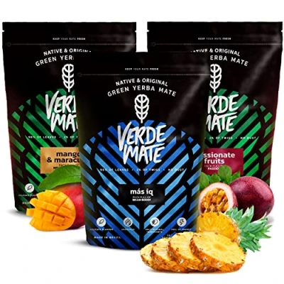 Image of Fruity yerba mate set with fruits Verde green Mango &amp; Maracuya, Passionate Fruits, Mas IQ Brazilian 3x500g