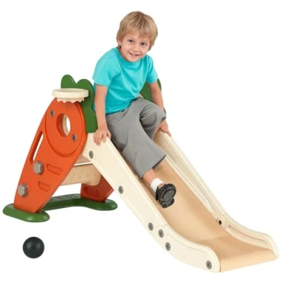Image of AIYAPLAY Kids 3 in 1 Foldable Toddler Slide with Basketball Hoop, Climber, Carrot themed Indoor for Years Old, Orange