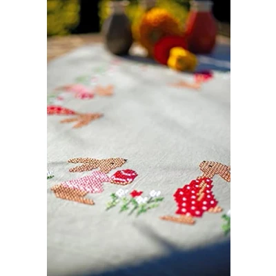 Image of Vervaco Pre Printed Cross Stitch Kit Tablecloth Easter Rabbits in a Garden Tulips Embroidery Complete Adult Creative Home Decoration Manual Table Cadeou DIY Approx. 80 x cm