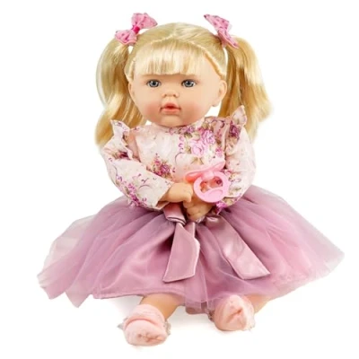 Image of Bibi Doll 18&quot; Realistic Baby With Hair In Pink Outfit, Sounds And Dummy Real Life Dolls For Girls Boys Lifelike Talking Interactive Soft Body (Rosie)