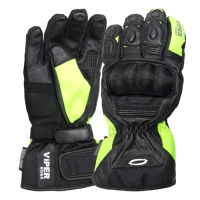Image of ViPER Axis 8 Motorcycle Gloves For Men and Women Full Finger Premium Leather Motorbike Waterproof Glove With CE Hand Armour Protection Sports Road Racing &amp; Riding (Black/Hi Viz Yellow,L)
