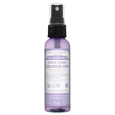 Image of Dr Bronner&#039;s Organic Lavender Hand Hygeine Spray, Made Ingredients and No Harsh Chemicals, Used for Hands &amp; Surfaces, Certified Fair Trade Vegan Friendly, 60ml Spray Bottle