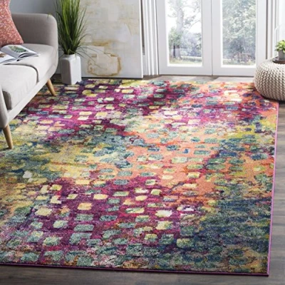 Image of Safavieh Monaco Collection 6&#039;7&quot; x Square Pink/Multi MNC243D Boho Chic Medallion Distressed Non Shedding Living Room Bedroom Dining Home Office Area Rug