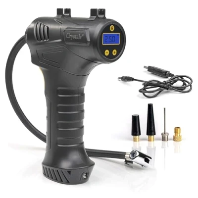 Image of Crystals Electric Tyre Inflator Air Pump Cordless Digital Compressor USB Rechargeable Portable Pressure Gun with 3 Nozzle Adaptors for Car, Motorcycle, Bicycle &amp; Inflatables