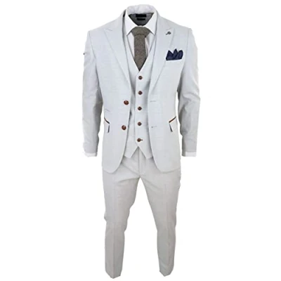 Image of Mens Grey Stone 3 Piece Tweed Check Suit Wedding Prom Tailored Fit Brown Trim Cream 52