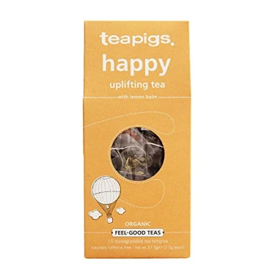 Image of teapigs Happy Tea with Lemon Balm, 15 Biodegradable Temples, Bright &amp; Cheerful Blend, Mood Boosting, Organic, Naturally Caffeine Free, Suitable for Vegetarians Vegans