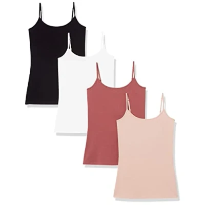 Image of Amazon Essentials Women&#039;s Slim Fit Camisole, Pack of 4, Black/Brick Red/Dusty Pink/White, XXL
