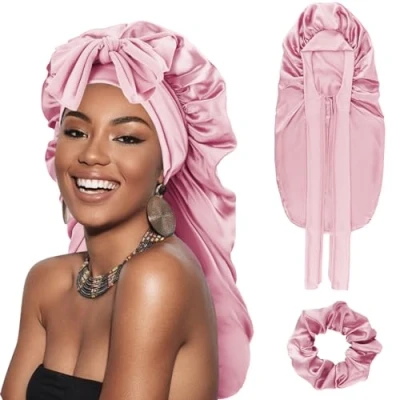 Image of DRESHOW Long Satin Braid Bonnet for Women Silk Sleeping Sleep Cap with Elastic Tie Band Night Curly Hair Locs
