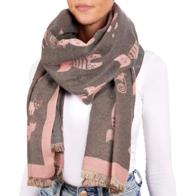 Image of BRUBAKER Cashmirillo Ladies Scarf with Cat Pattern 27.6 x 78.7 inches (70 200 cm) Warm and Cosy Wool for Autumn Winter Soft Cashmere Feel Pink Grey