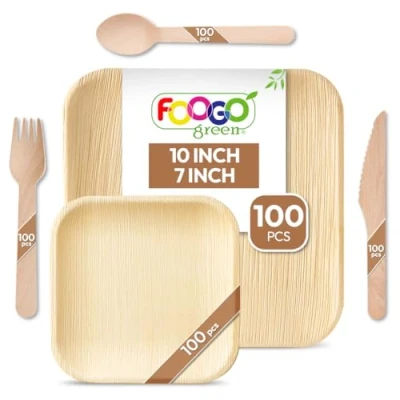 Image of FOOGO Green 500pcs Disposable Palm Leaf Plates and Wooden Cutlery Set, FSC® Certified, 100x Large Square Plates, Small Side Spoons, 100xForks, 100xKnives, Party Biodegradable